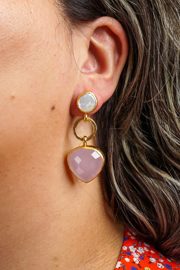 Gold Framed Rose Quartz Drop Earrings | Statement Jewelry